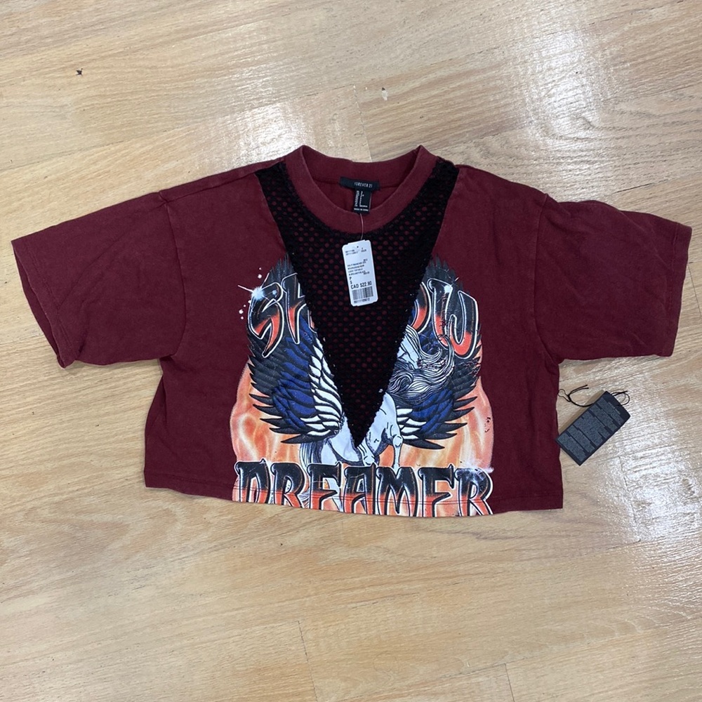 NWT Forever 21 XXI Crop Graphic Tee with Mesh - Small